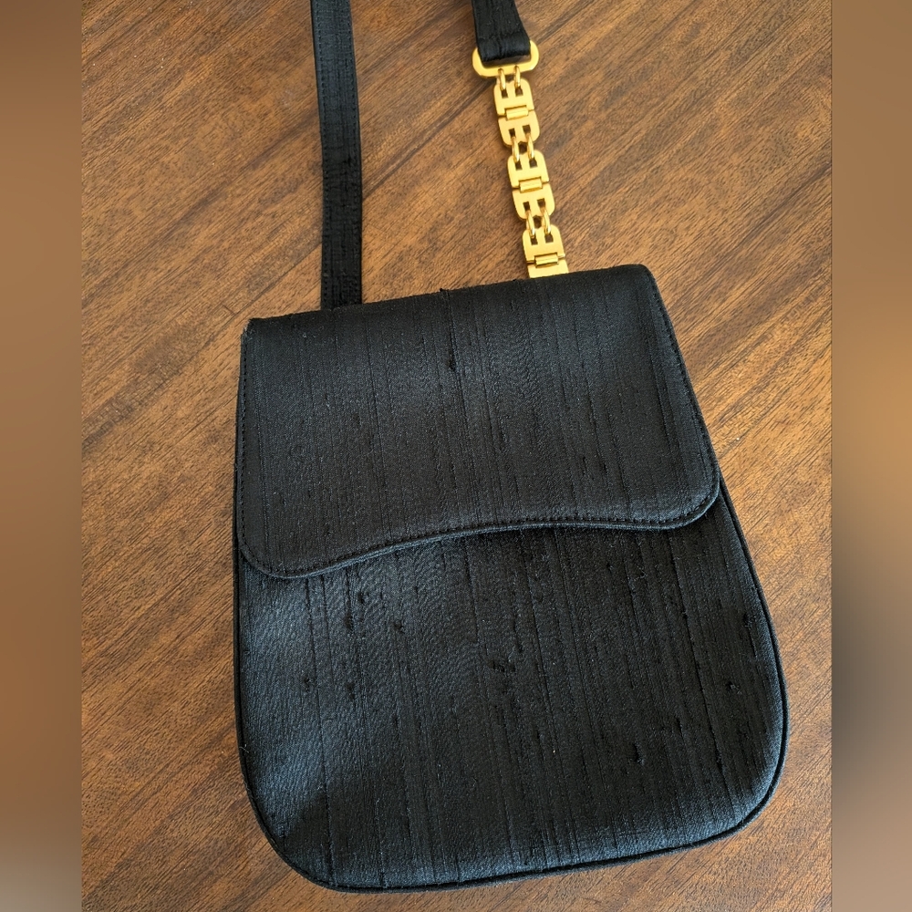 Bally Vintage Black Raw Silk Crossbody Bag with Gold Chain Detail